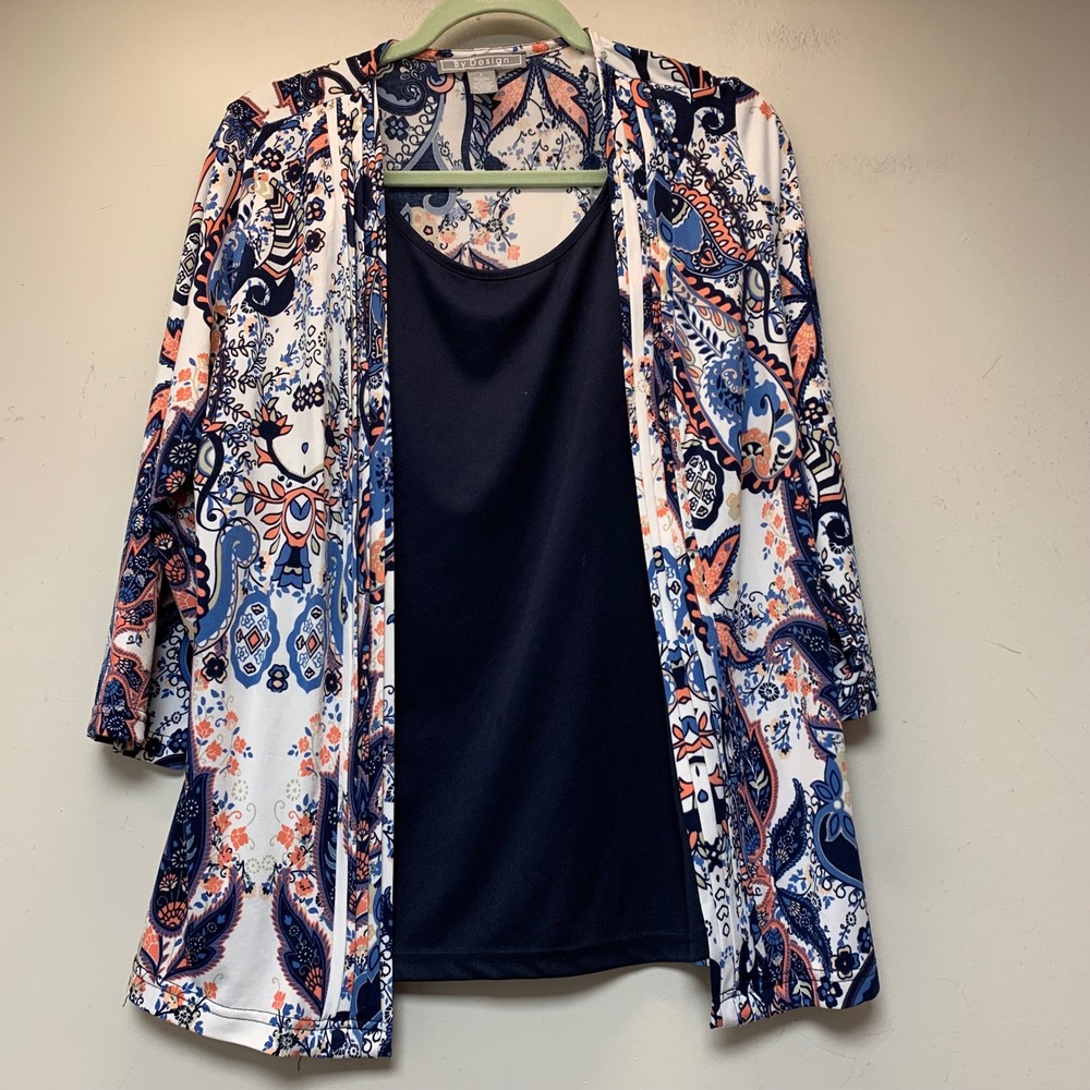 By Design Cardigan Tank Set Womens Large Navy Paisley Print Excellent 2pc Boho